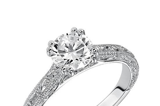 Style ArtCarved 31-V432ERW <br> Bernadette, Vintage Inspired Diamond Engagement Ring with engraving and milgrain detailed band. Available in Platinum, 18K and 14K gold.  Settings can be custom made to fit any size or shape center stone. Matching band available - Style number V432W-L