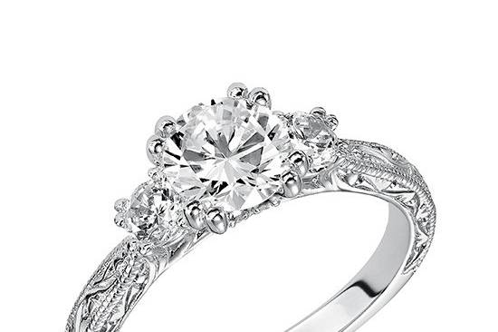 ArtCarved 31-V433ERW <br> Anabelle, Contemporary Three stone engraved diamond engagement ring. Available in Platinum, 18K and 14K gold.  Settings can be custom made to fit any size or shape center stone. Matching band available - Style number V433W-L