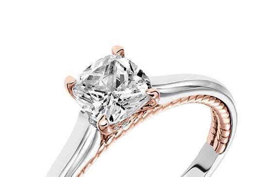 Style ArtCarved 31-V589FUR <br> Cameron, Contemporary Two Tone Solitaire with Surprise Diamonds and Rope Detail Engagement Ring