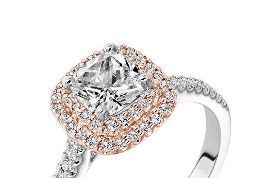 Style ArtCarved 31-V608EUR <br> Avril, Classic Two Tone Diamond Double Halo Engagement Ring with Diamond Accented Shank
