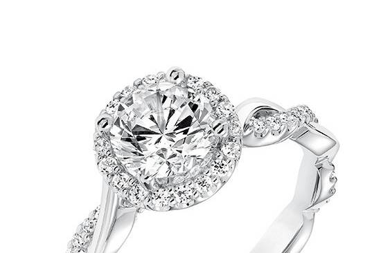 Style ArtCarved 31-V657ERW <br> Kinsley.  Contemporary Diamond Halo with Twisted Shank Engagement Ring.  Available in Platinum, 18K White or Yellow Gold, 14K White or Yellow Gold or Palladium.