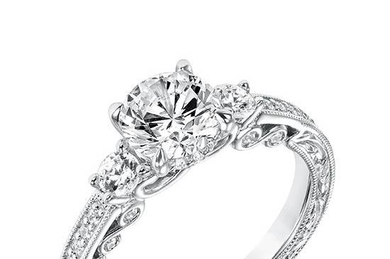 Style ArtCarved 31-V688ERW <br> Rowan.  Vintage Diamond Three Stone Hand Engraved and Milgrain Engagement Ring.  Available in Platinum, 18K White or Yellow Gold, 14K White or Yellow Gold or Palladium.