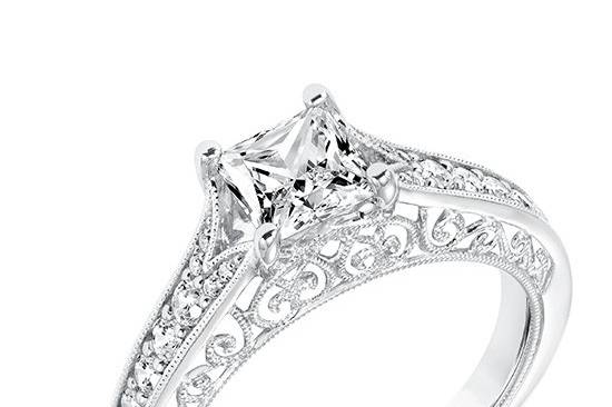 Style ArtCarved 31-V723ECW <br> Savannah, Vintage Diamond Prong Set Engagement Ring with Diamond Split Shank Scrollwork Filigree and Hand Milgrain Detail