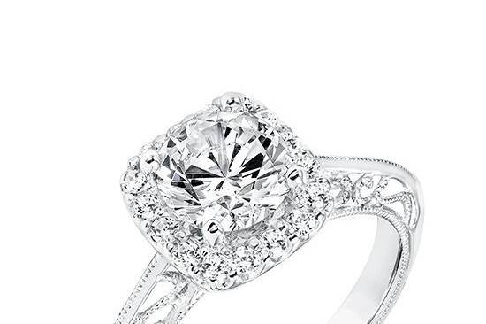 Style ArtCarved 31-V725ERW <br> Audriana, Vintage Diamond Halo Engagement Ring with Knife Edge Shank Filigree Scrollwork and Hand Milgrain Detail