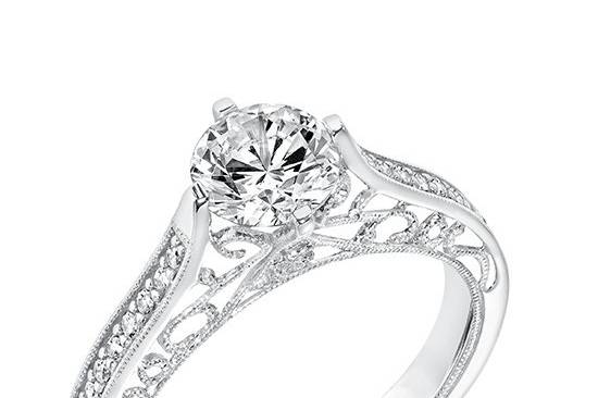 Style ArtCarved 31-V727ERW <br> Juliana, Vintage Diamond Prong Set Engagement Ring with Diamond Shank Scrollwork Filigree and Hand Milgrain Detail