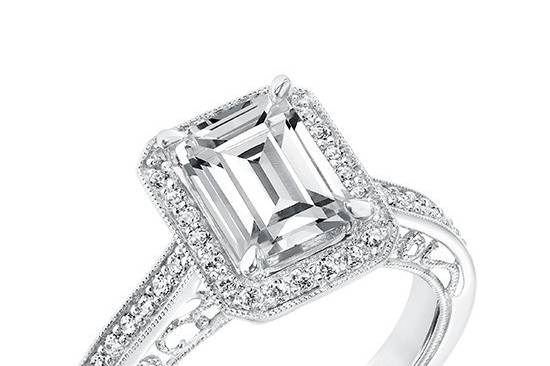 Style ArtCarved 31-V728GEW <br> Velma, Vintage Diamond Halo Engagement Ring with Diamond Shank Scrollwork Filigree and Hand Milgrain Detail