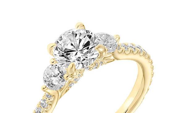 Style ArtCarved 31-V742ERY <br> CLAUDIA, Classic Three Stone Diamond Engagement Ring with Diamond Shank and Diamond Accented Gallery