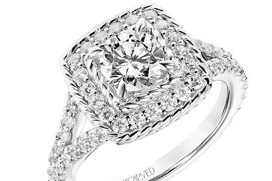 Style ArtCarved 31-V754DRW <br> ALEXA, Contemporary Inner & Outer Rope and Diamond Halo Engagement Ring with Split Diamond Shank and Rope Details in Gallery