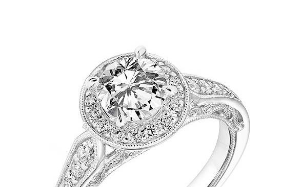 Style ArtCarved 31-V763ERW <br> DOLORES, Vintage Diamond Halo Engagement Ring with Pinched Diamond Shank, Floral Filigree with Diamond Accents and Hand Milgrain Detail