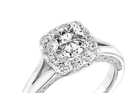 Style ArtCarved 31-V766ERW <br> KATHERINE, Vintage Diamond Halo Engagement Ring with Polished Split Shank, Floral Filigree with Diamond Accents and Hand Milgrain Detail