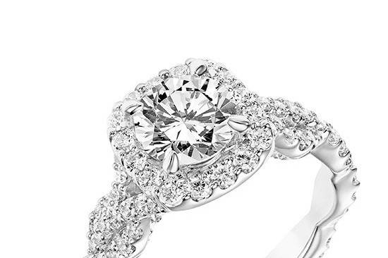 Style ArtCarved 31-V768ERW <br> EVERLY, Contemporary Diamond Cushion Halo Engagement Ring with Diamond Twisted Shank