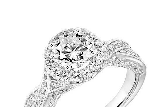 Style ArtCarved 31-V765ERW <br> LUCINDA, Vintage Diamond Halo Engagement Ring with Twisted Diamond Shank, Floral Filigree with Diamond Accents and Hand Milgrain Detail