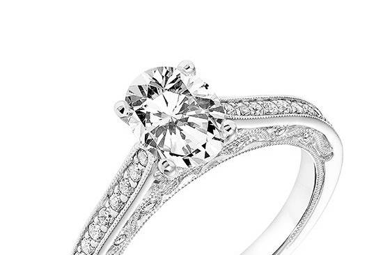 Style ArtCarved 31-V762GVW <br> MARIE, Vintage Diamond Prong Set Engagement Ring with Diamond Shank, Floral Filigree with Diamond Accents and Hand Milgrain Detail