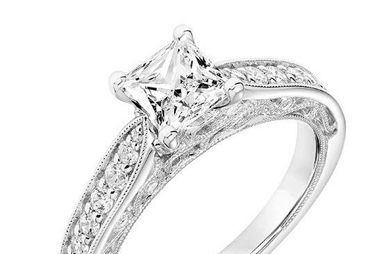 Style ArtCarved 31-V760ECW <br> BLANCHE, Vintage Diamond Prong Set Engagement Ring with Pinched Diamond Shank, Floral Filigree with Diamond Accents and Hand Milgrain Detail