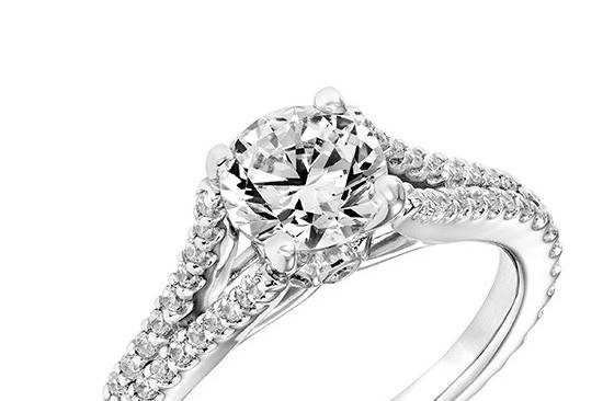 Style ArtCarved 31-V747ERW <br> DARLENE, Classic Diamond Prong Set Engagement Ring with Split Diamond Shank and Bezel Set Diamond Collar