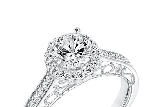 Style ArtCarved 31-V721ERW <br> Indra, Vintage Diamond Halo Engagement Ring with Diamond Shank Scrollwork Filigree and Hand Milgrain Detail