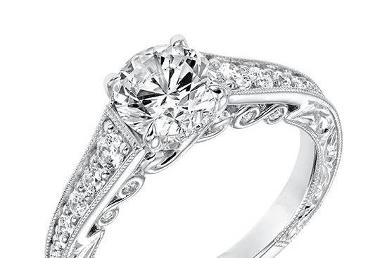 Style ArtCarved 31-V691ERW <br> Hattie.  Vintage Diamond Hand Engraved and Milgrain Engagement Ring.  Available in Platinum, 18K White or Yellow Gold, 14K White or Yellow Gold or Palladium.