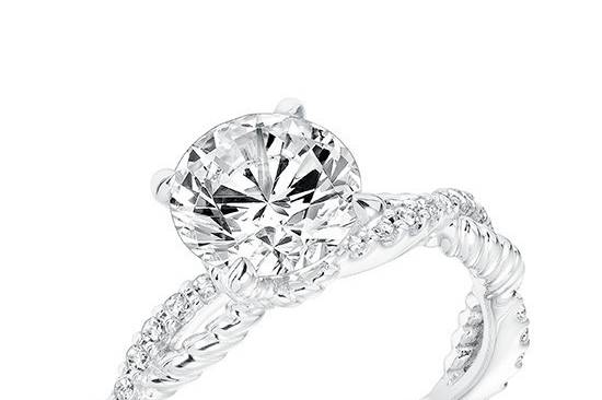 Style ArtCarved 31-V697GRW <br> Rhea. Contemporary Prong Set Diamond Engagement Ring with Twisted Diamond and Rope Shank