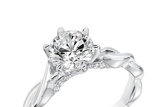 Style ArtCarved 31-V676ERW <br> Tala.  Diamond Solitaire Twisted shank with Surprise Stones Engagement Ring.  Available in Platinum, 18K White or Yellow Gold, 14K White or Yellow Gold or Palladium.