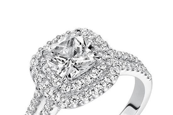 Style ArtCarved 31-V610GUW <br> Dorothy, Classic Diamond Double Halo Engagement Ring with Split Diamond Accented Shank