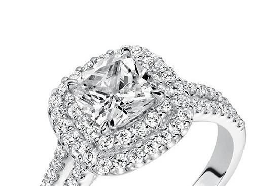 Style ArtCarved 31-V610FUW <br> Dorothy, Classic Diamond Double Halo Engagement Ring with Split Diamond Accented Shank
