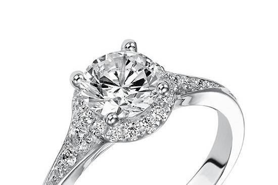 ArtCarved 31-V488ERW <br> FARRAH, Diamond engagement ring with round diamond prong set halo and engraved shank with graduating diamonds.