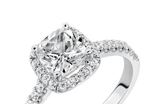 Style ArtCarved 31-V324GUW <br> Layla, Classic prong set cushion halo diamond engagement ring with diamond accented shank. Available in Platinum, 18K and 14K gold.  Settings can be custom made to fit any size or shape center stone. Matching band available - Style number V324W-L