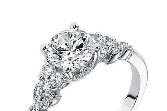 Style ArtCarved 31-V309ERW <br> ADELINE, Diamond engagement ring with round center stone and vine motif diamond enhanced shank