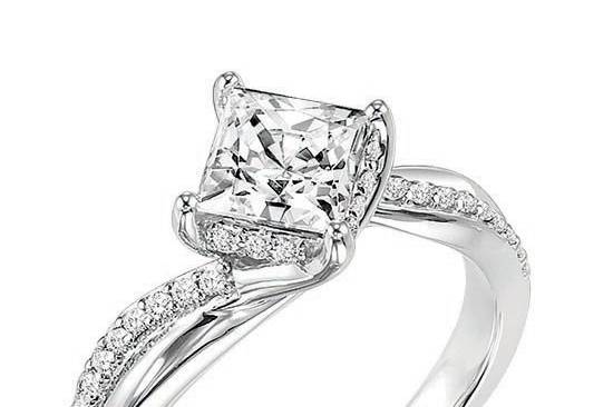 Style ArtCarved 31-V304ECW <br> STELLA, Diamond engagement ring with princess cut center stone set in a twist setting and a diamond enhanced band