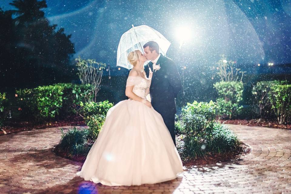 Bride and Groom in rain