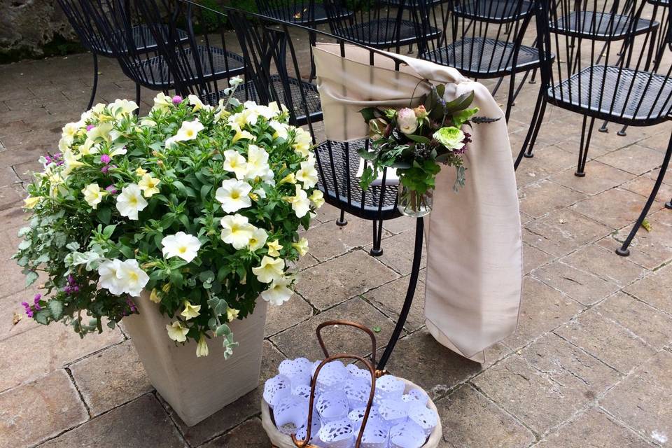 Lavender filled cones, chair sash & floral decor
