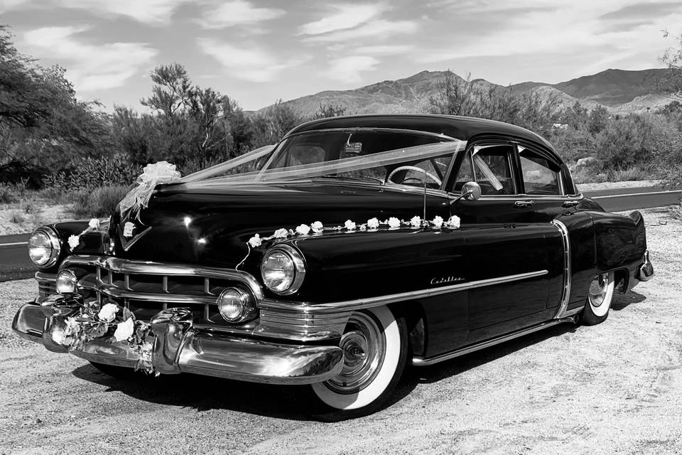 1950 Cadillac in black and white