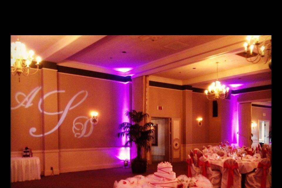 Our pink up-lighting and monogram at the Youghiogheny C.C.