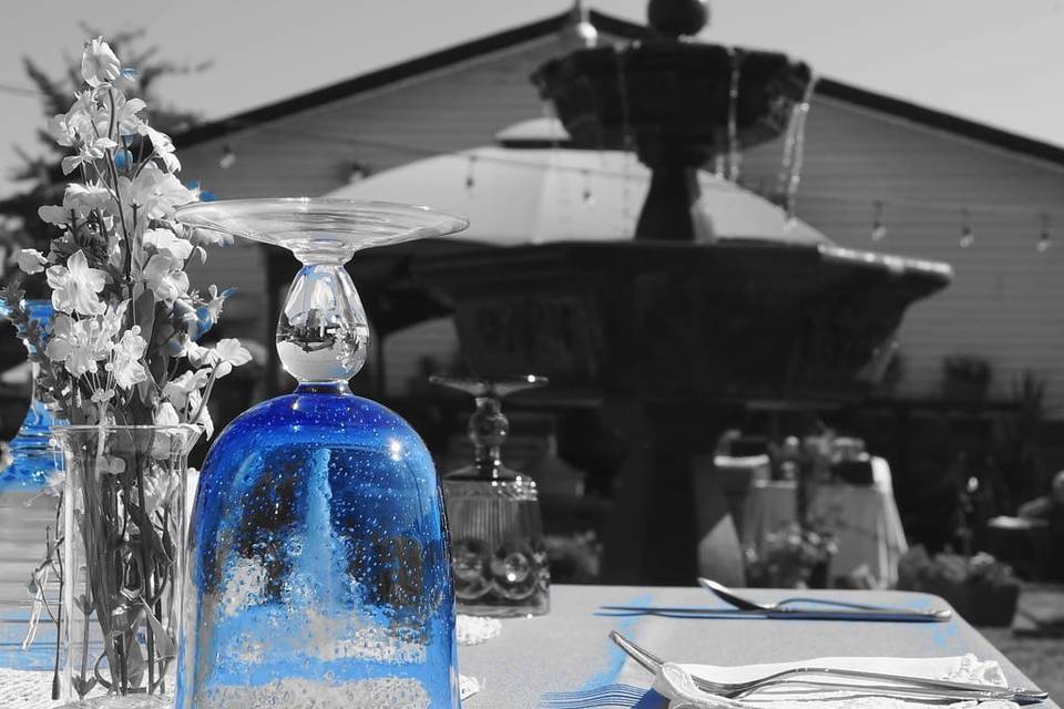 Blue glassware on tabletop