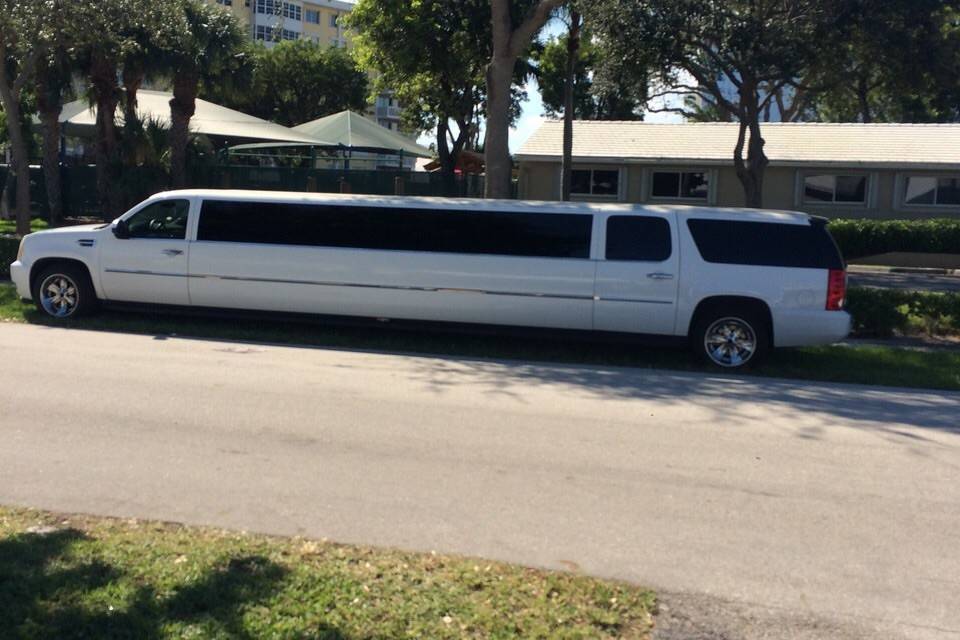 A beautiful 22 Passenger Cadillac Escalade Super Stretch Limo.  A one of a kind limo in Southern Florida.  Perfect for group transportation