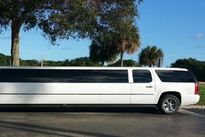 Side view of the 22 Passenger Super Stretch Cadillac Escalade Limo.  Luxury at its finest!