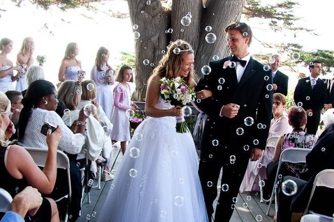 The bubble machine can create a playful wonderland type of effect for your ceremony exit as Husband and Wife.