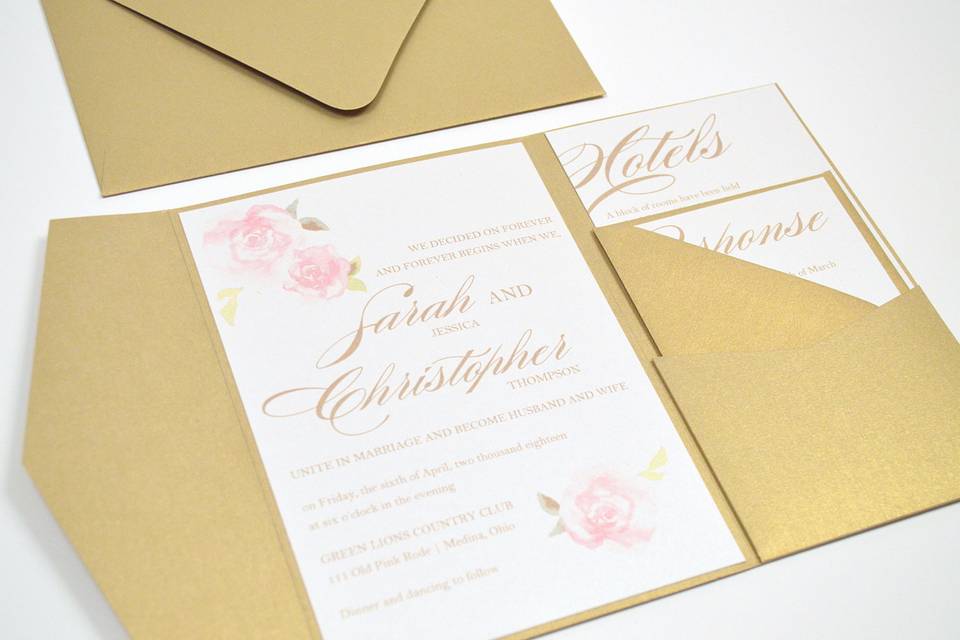 Pink Roses Pocketfold Wedding Invitation