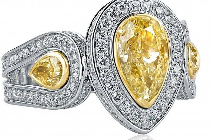 GIA 3.73 TCW Pear Cut Yellow Diamond Engagement Ring Art Deco 18k White GoldSku #:ER 596-1.53GIA