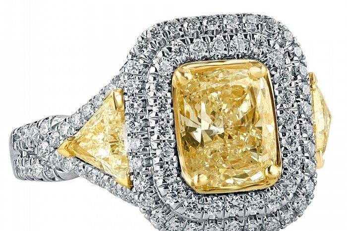 2.98 TCW Radiant Cut Trillion Side Yellow Diamond Engagement Ring 18k White GoldSku #:ER 548-429-1.53