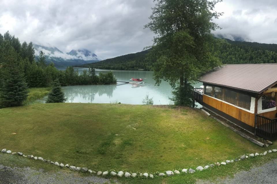 Lakeside pavilion and lawn