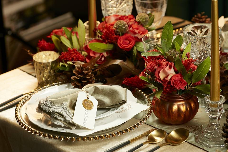 Red and gold tablescape