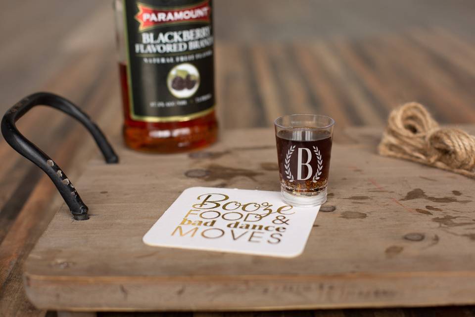 Custom shot glasses + coasters