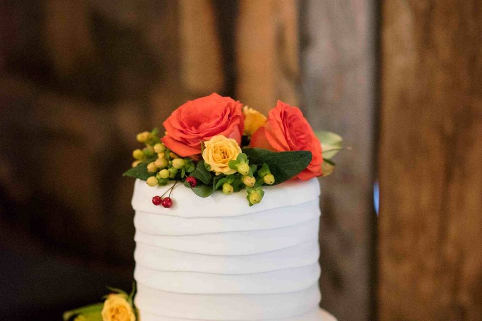 Orange Bubbly Cake with Lingonberry ribbon, Midnight Ganache filling, and fondant frosting. Photo by Aubrey Greene Photography (http://aubreygreene.com).