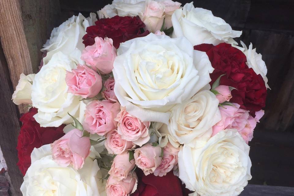 Pink Spray Roses, Red Roses, and White Garden Roses