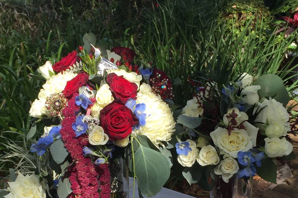 Red Amaranthus, Roses and a touch of Blue