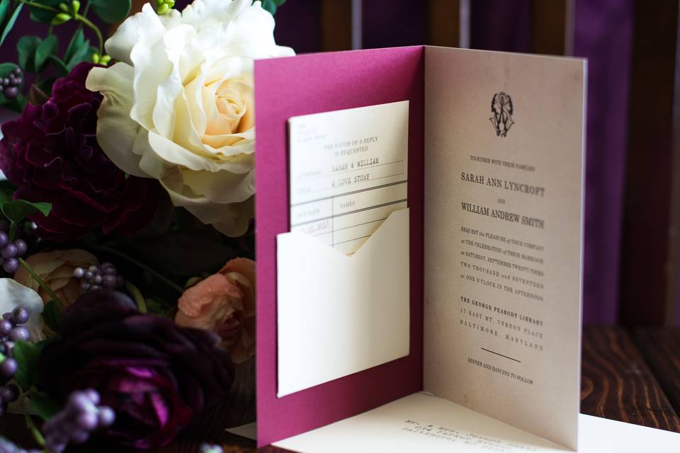 Storybook wedding invitation with library card RSVP for a Literary Wedding