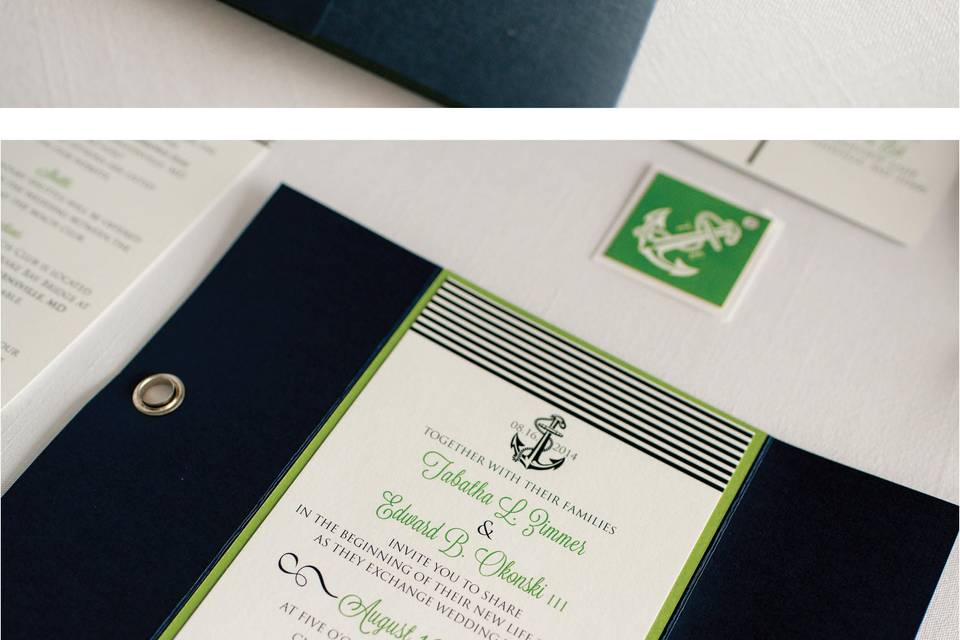 Nautical Wedding Invitation with Anchor, Rope and Grommets
Photo Credit: Jeff and Rebecca Photography