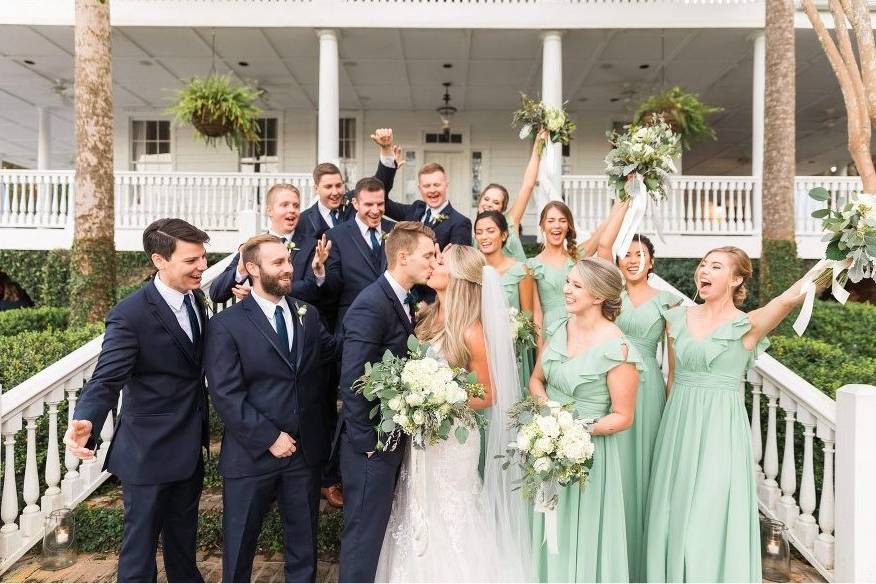 Wedding party on steps