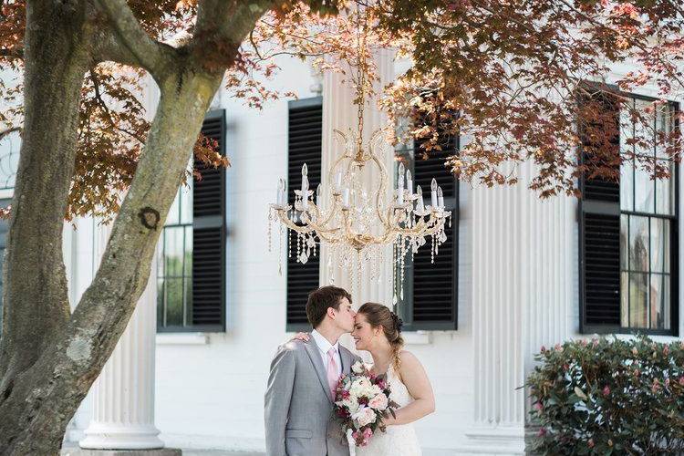 Under the chandelier